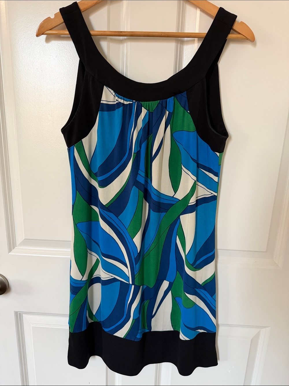 Sleeveless Blue & Green Printed Midi Dress with Black Trim